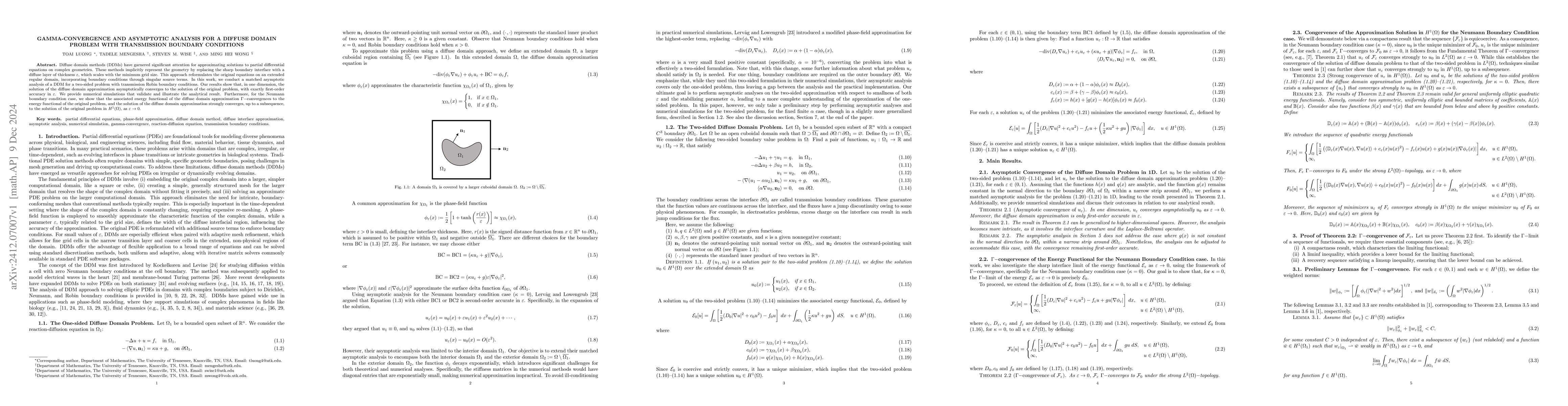 Thumbnail for Gamma-Convergence and Asymptotic Analysis for a Diffuse Domain Problem
  with Transmission Boundary Conditions