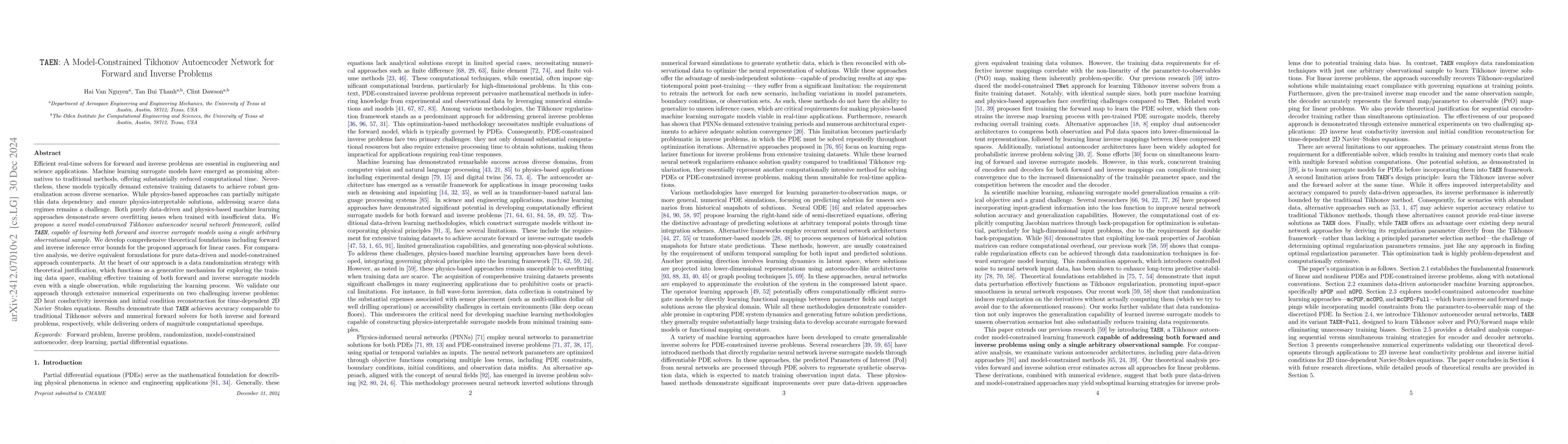 Thumbnail for TAE: A Model-Constrained Tikhonov Autoencoder Approach for Forward and
  Inverse Problems