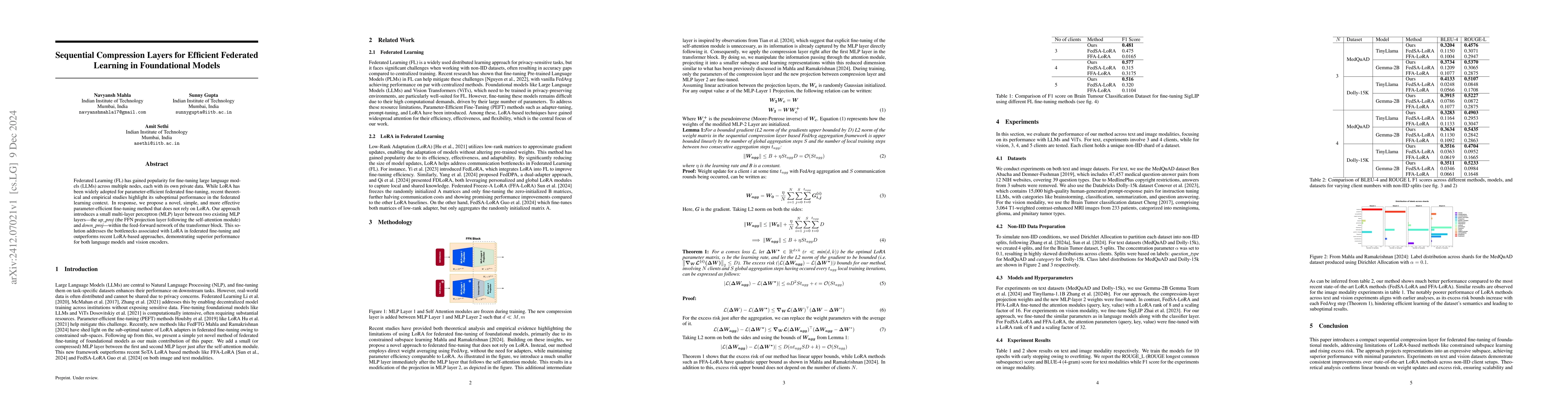 Thumbnail for Sequential Compression Layers for Efficient Federated Learning in
  Foundational Models