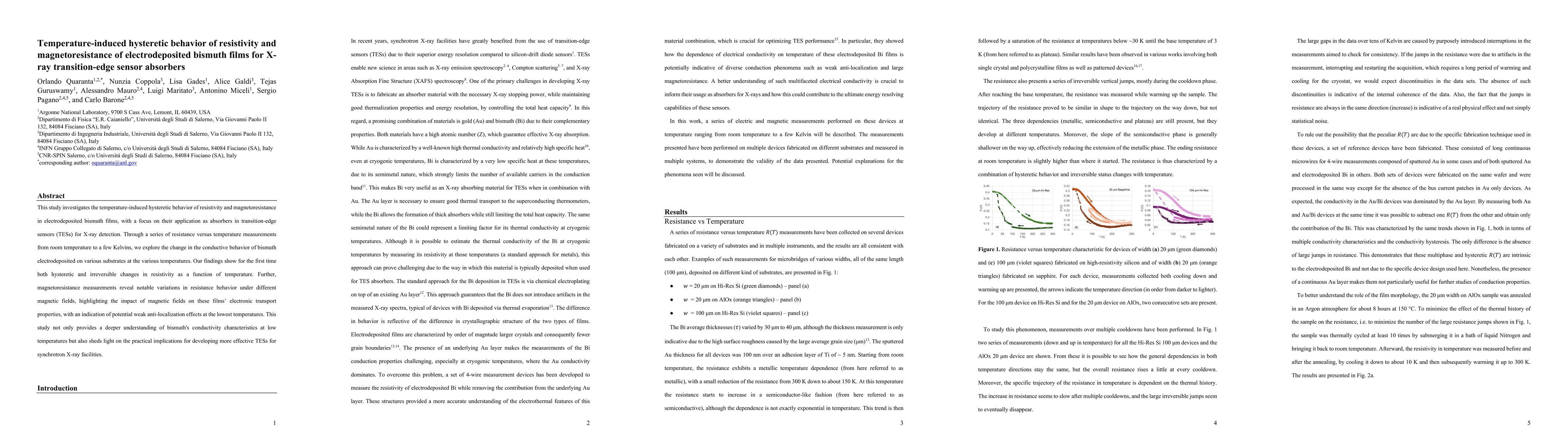 Thumbnail for Temperature-induced hysteretic behavior of resistivity and
  magnetoresistance of electrodeposited bismuth films for X- ray
  transition-edge sensor absorbers