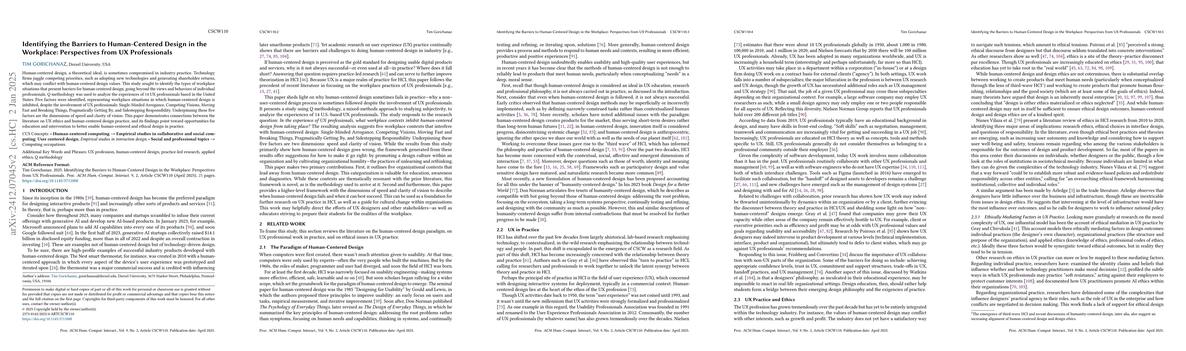 Thumbnail for Identifying the Barriers to Human-Centered Design in the Workplace:
  Perspectives from UX Professionals