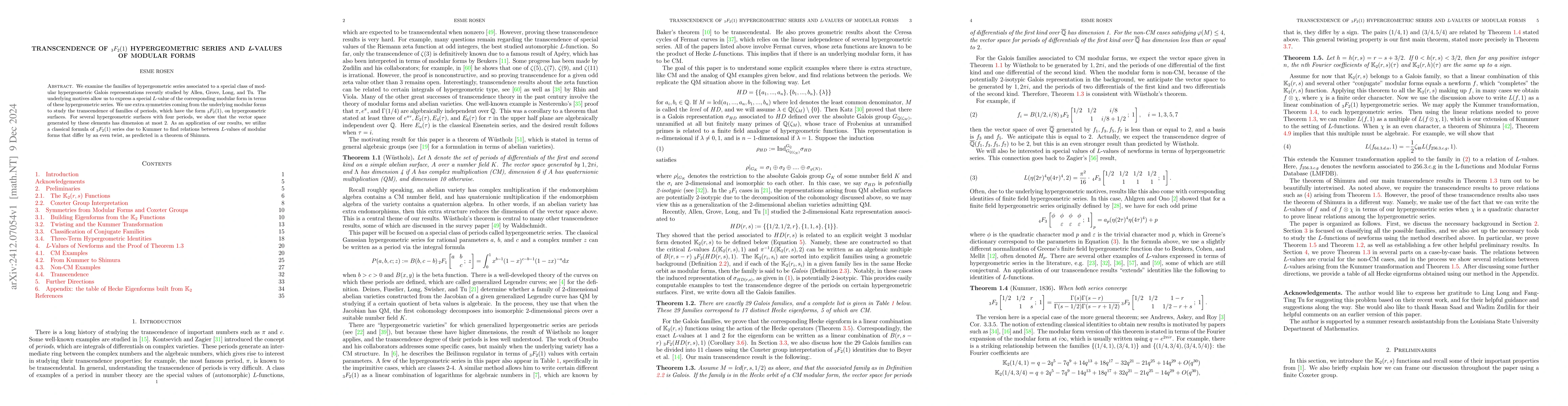 Thumbnail for Transcendence of ${}_3F_2(1)$ Hypergeometric Series and $L$-values of
  Modular Forms
