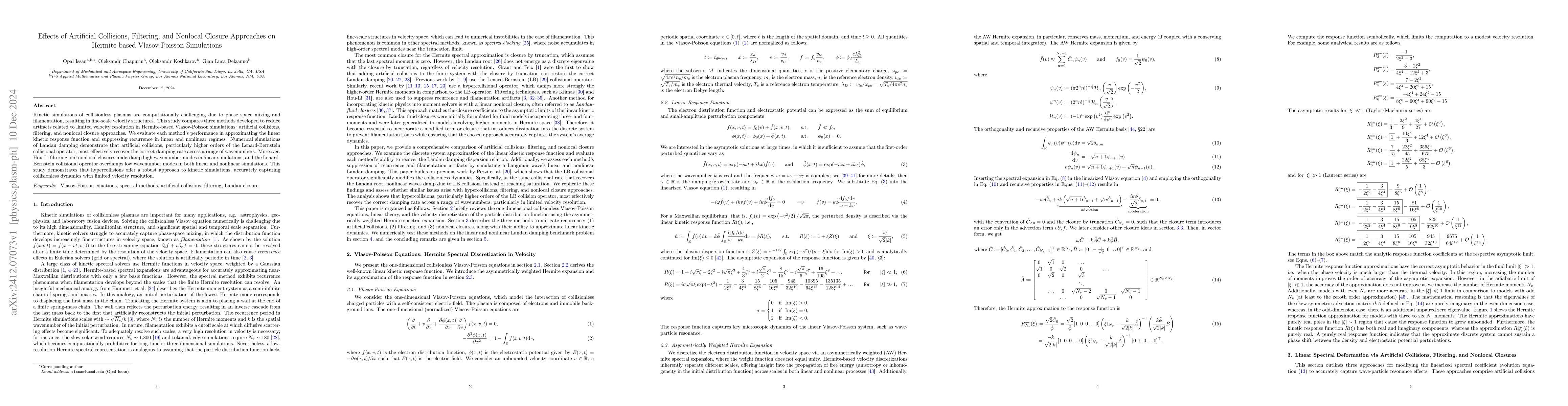 Thumbnail for Effects of Artificial Collisions, Filtering, and Nonlocal Closure
  Approaches on Hermite-based Vlasov-Poisson Simulations
