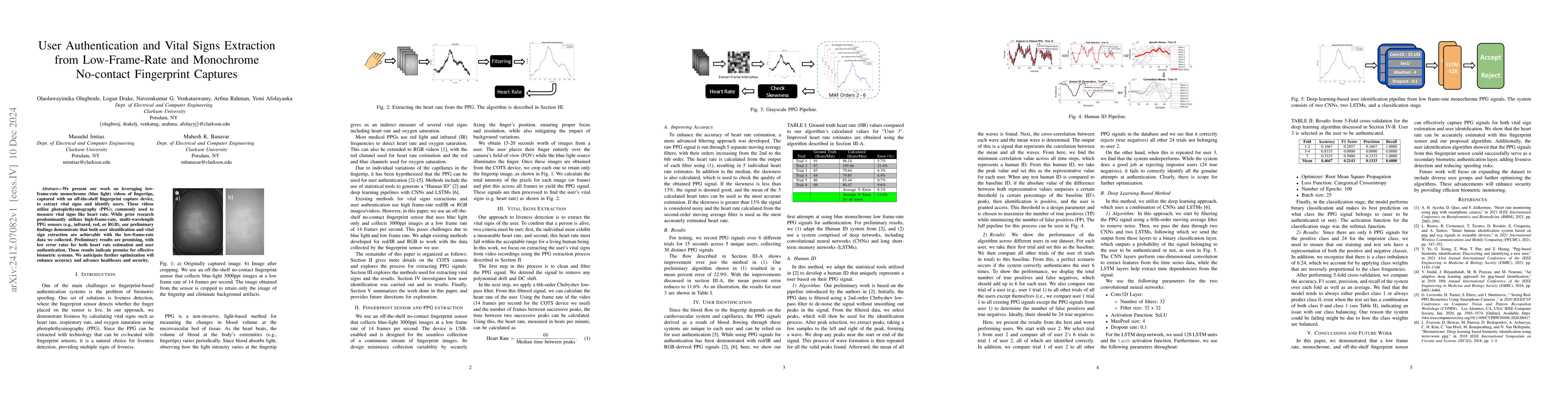 Thumbnail for User Authentication and Vital Signs Extraction from Low-Frame-Rate and
  Monochrome No-contact Fingerprint Captures