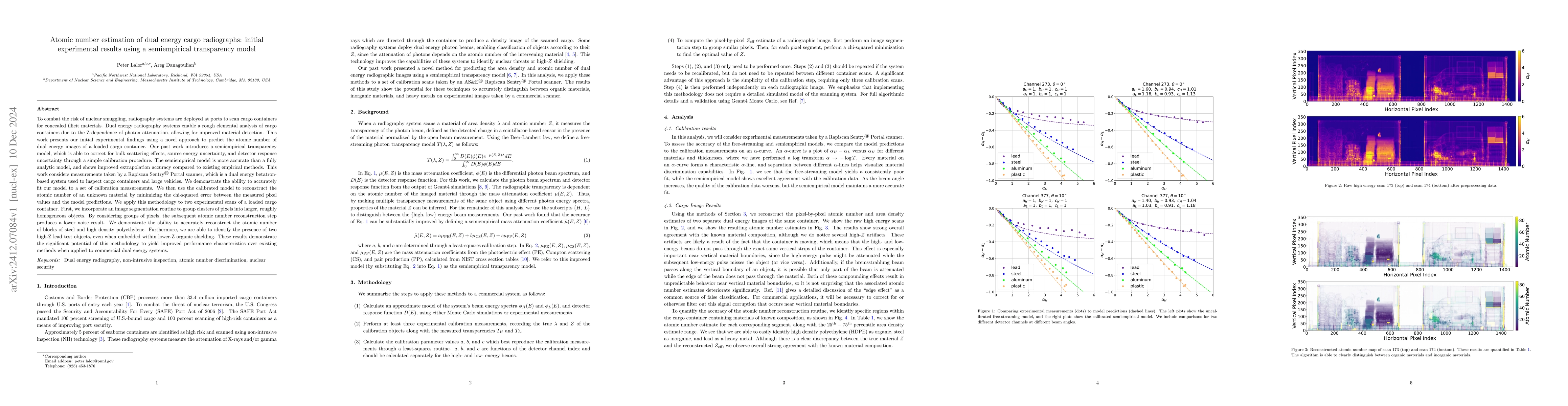 Thumbnail for Atomic number estimation of dual energy cargo radiographs: initial
  experimental results using a semiempirical transparency model