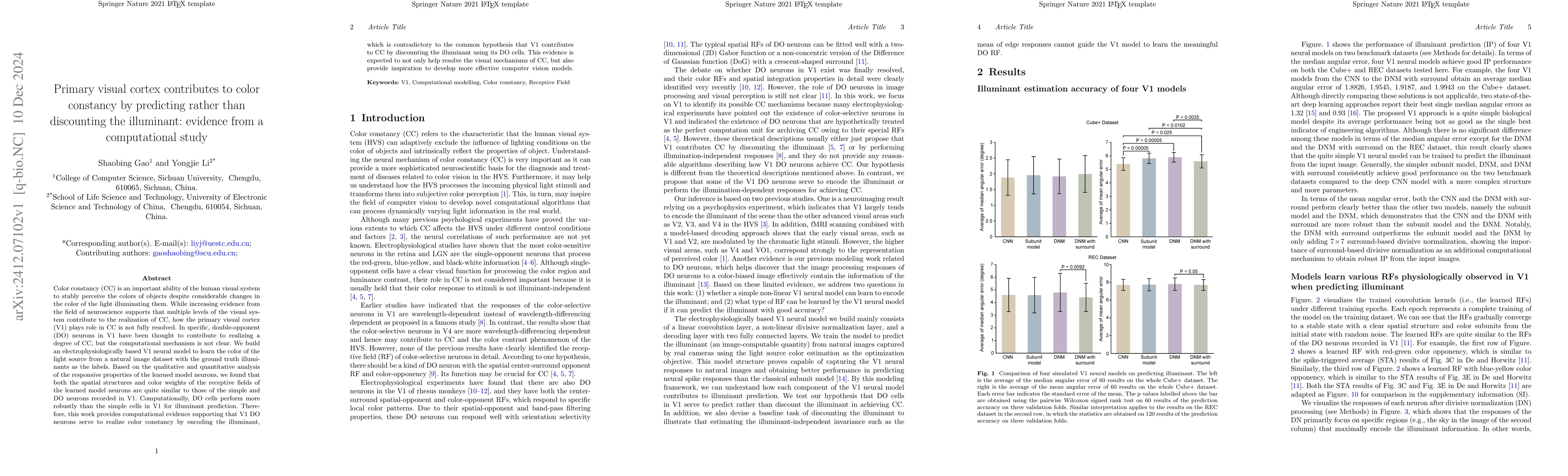 Thumbnail for Primary visual cortex contributes to color constancy by predicting
  rather than discounting the illuminant: evidence from a computational study