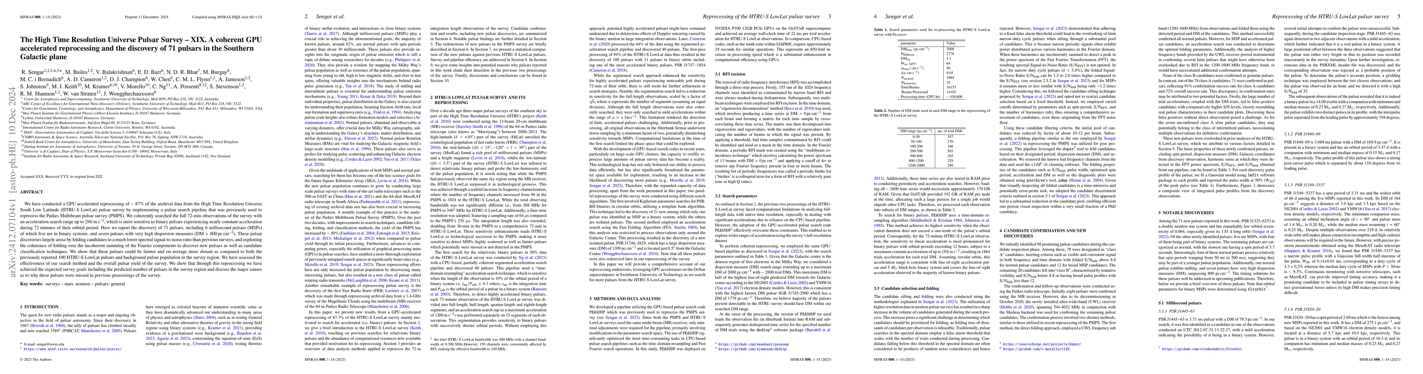Thumbnail for The High Time Resolution Universe Pulsar Survey-XIX. A coherent GPU
  accelerated reprocessing and the discovery of 71 pulsars in the Southern
  Galactic plane