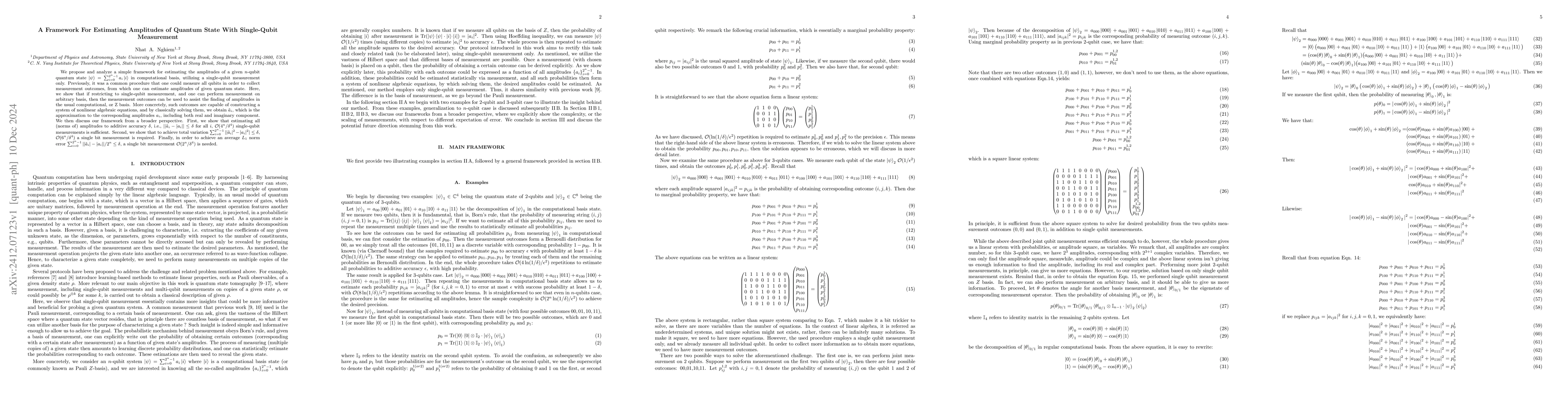 Thumbnail for A Framework For Estimating Amplitudes of Quantum State With Single-Qubit
  Measurement