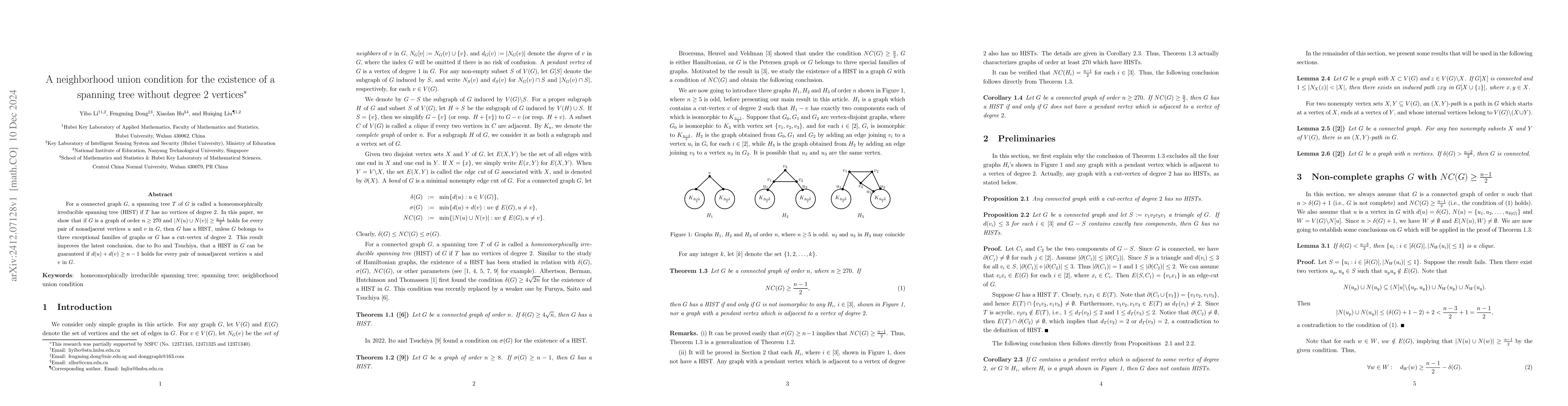 Thumbnail for A neighborhood union condition for the existence of a spanning tree
  without degree $2$ vertices