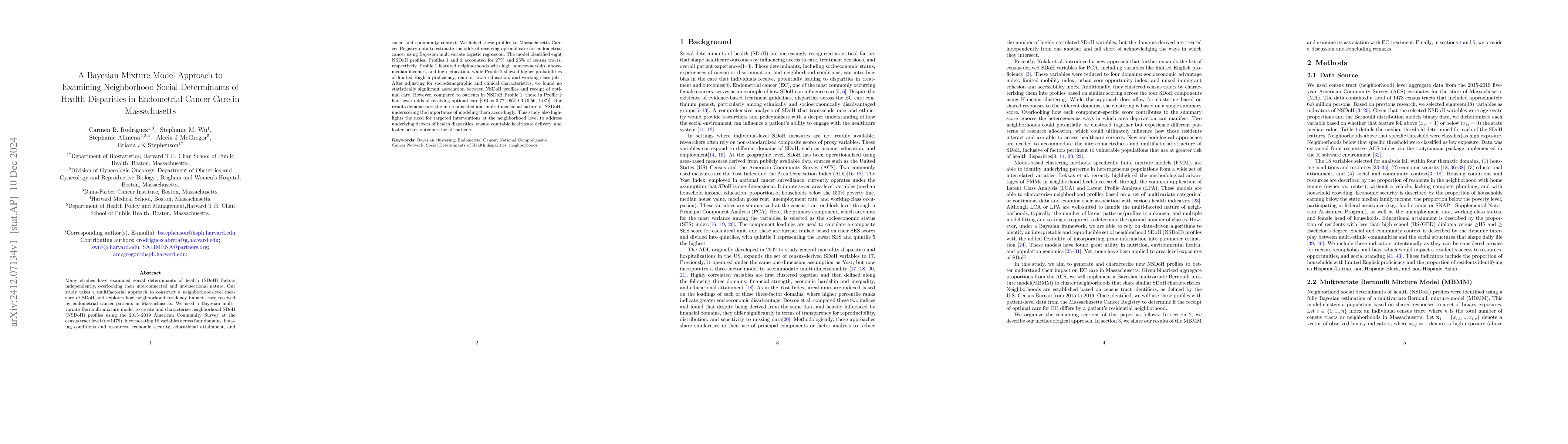 Thumbnail for A Bayesian Mixture Model Approach to Examining Neighborhood Social
  Determinants of Health Disparities in Endometrial Cancer Care in
  Massachusetts