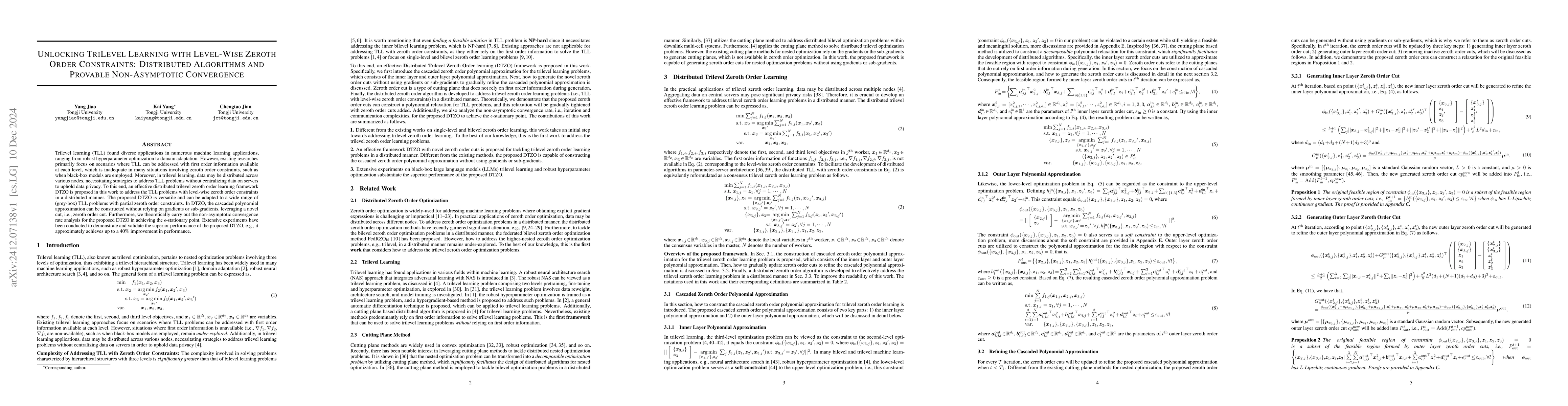 Thumbnail for Unlocking TriLevel Learning with Level-Wise Zeroth Order Constraints:
  Distributed Algorithms and Provable Non-Asymptotic Convergence