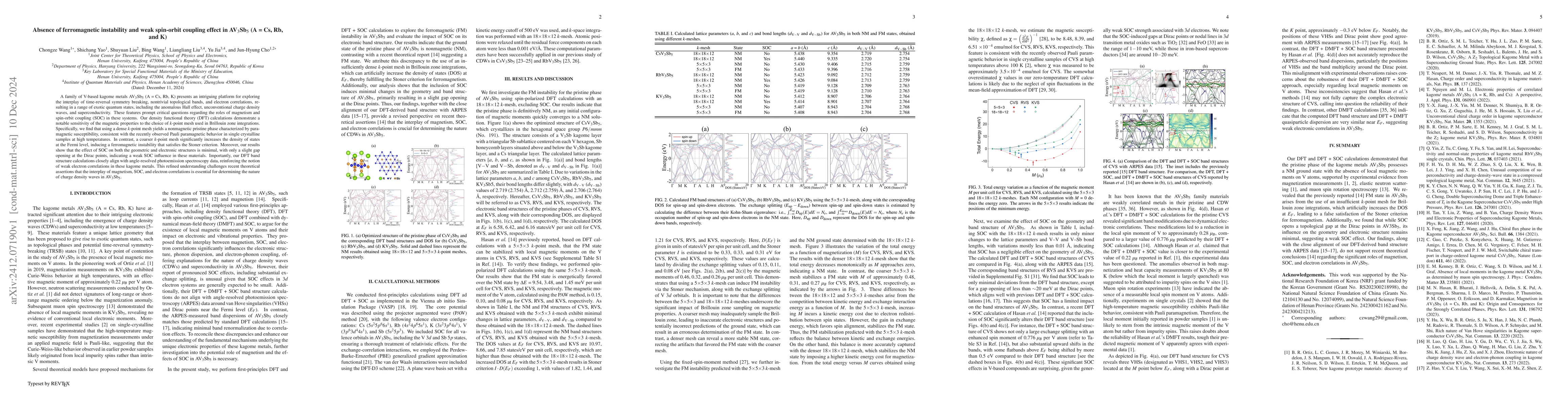 Thumbnail for Absence of ferromagnetic instability and weak spin-orbit coupling effect
  in AV$_3$Sb$_5$ (A = Cs, Rb, and K)