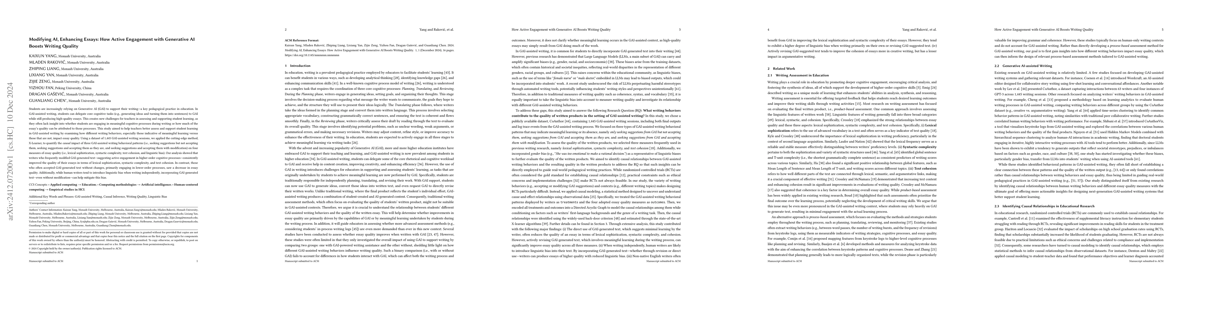 Thumbnail for Modifying AI, Enhancing Essays: How Active Engagement with Generative AI
  Boosts Writing Quality