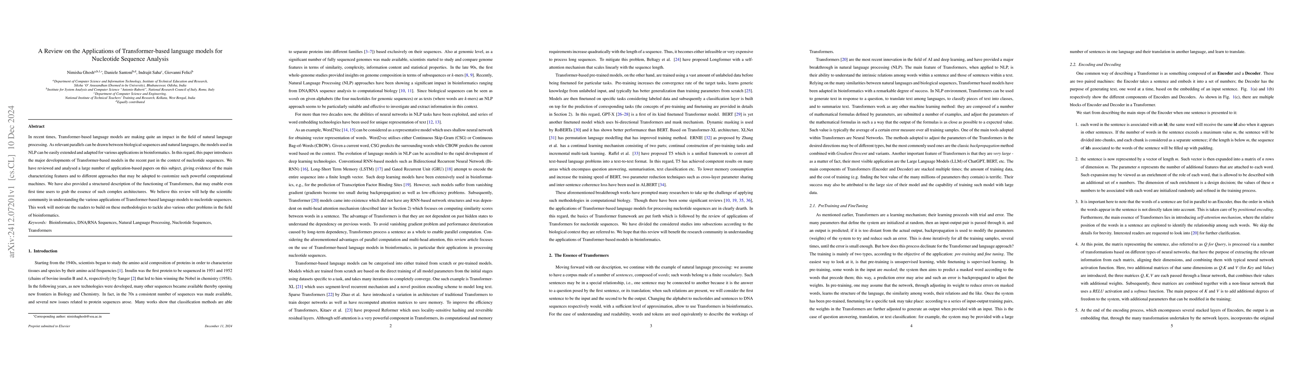Thumbnail for A Review on the Applications of Transformer-based language models for
  Nucleotide Sequence Analysis