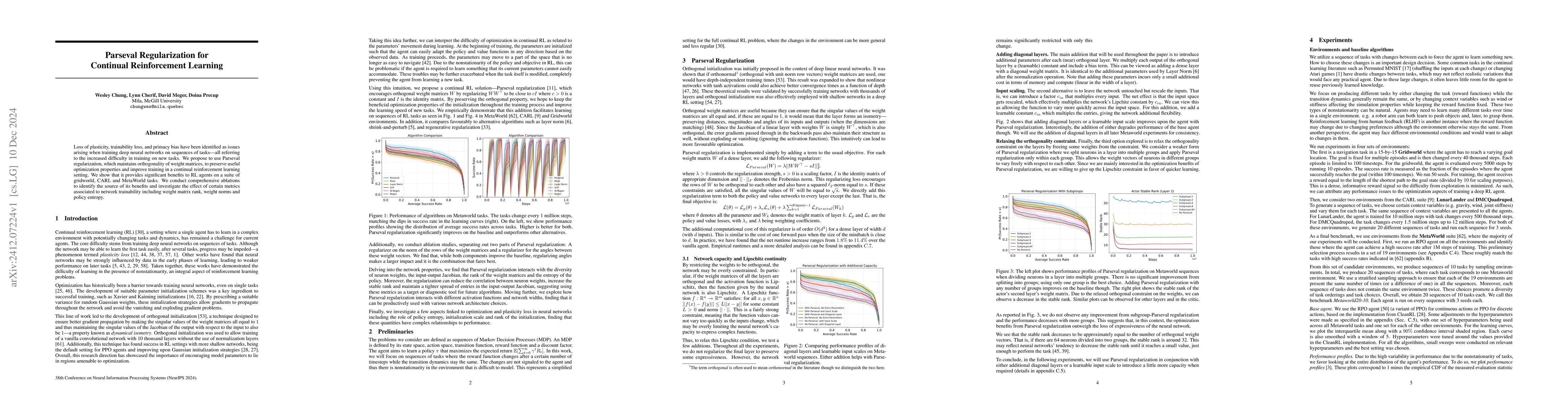 Thumbnail for Parseval Regularization for Continual Reinforcement Learning