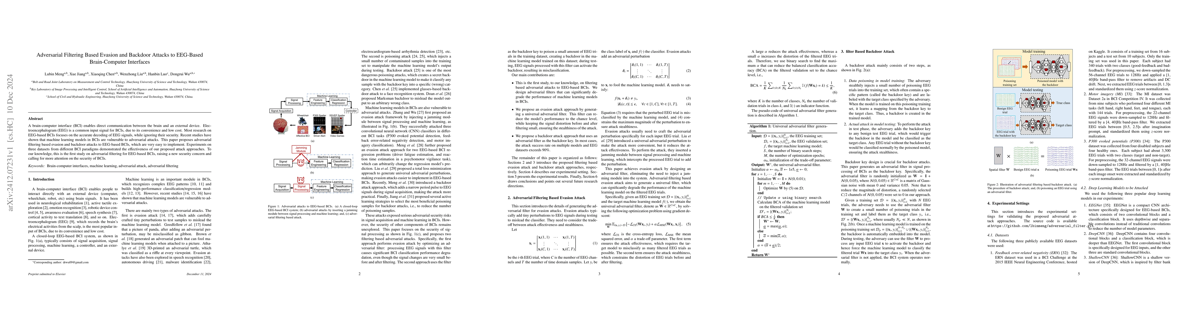 Thumbnail for Adversarial Filtering Based Evasion and Backdoor Attacks to EEG-Based
  Brain-Computer Interfaces