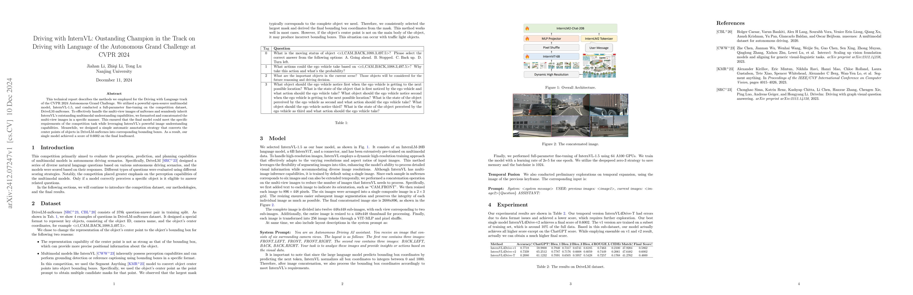 Thumbnail for Driving with InternVL: Oustanding Champion in the Track on Driving with
  Language of the Autonomous Grand Challenge at CVPR 2024