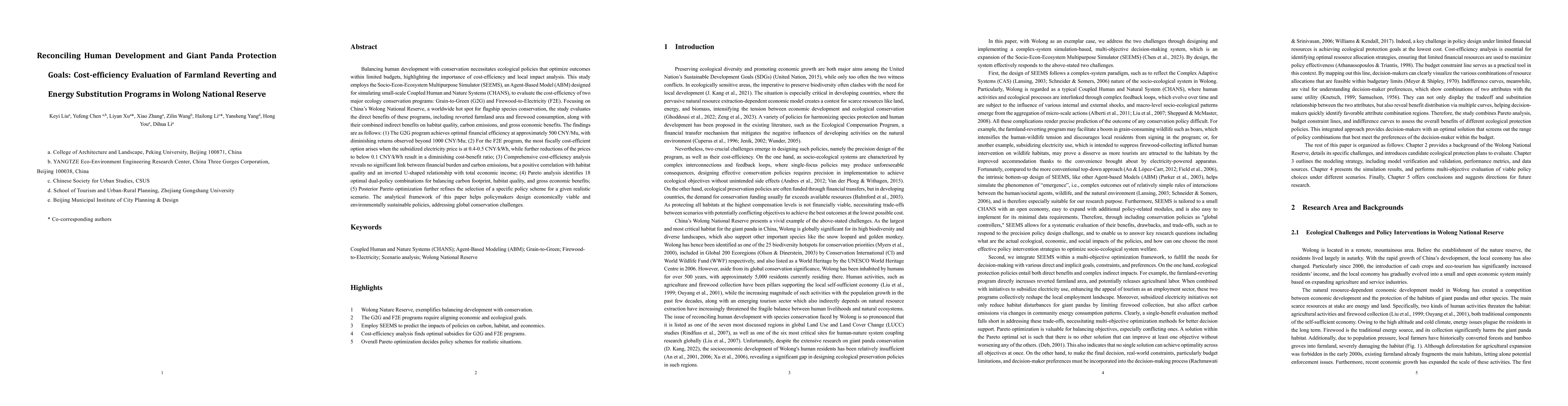Thumbnail for Reconciling Human Development and Giant Panda Protection Goals:
  Cost-efficiency Evaluation of Farmland Reverting and Energy Substitution
  Programs in Wolong National Reserve