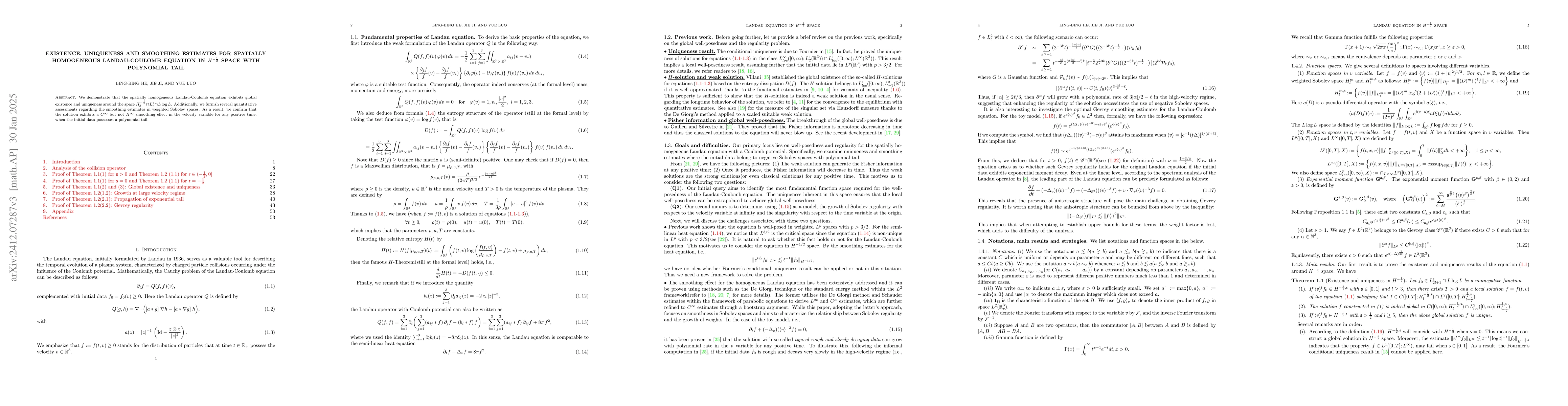 Thumbnail for Existence, uniqueness and smoothing effect for spatially homogeneous
  Landau-Coulomb equation in $H^{-\f12}$ space with polynomial tail