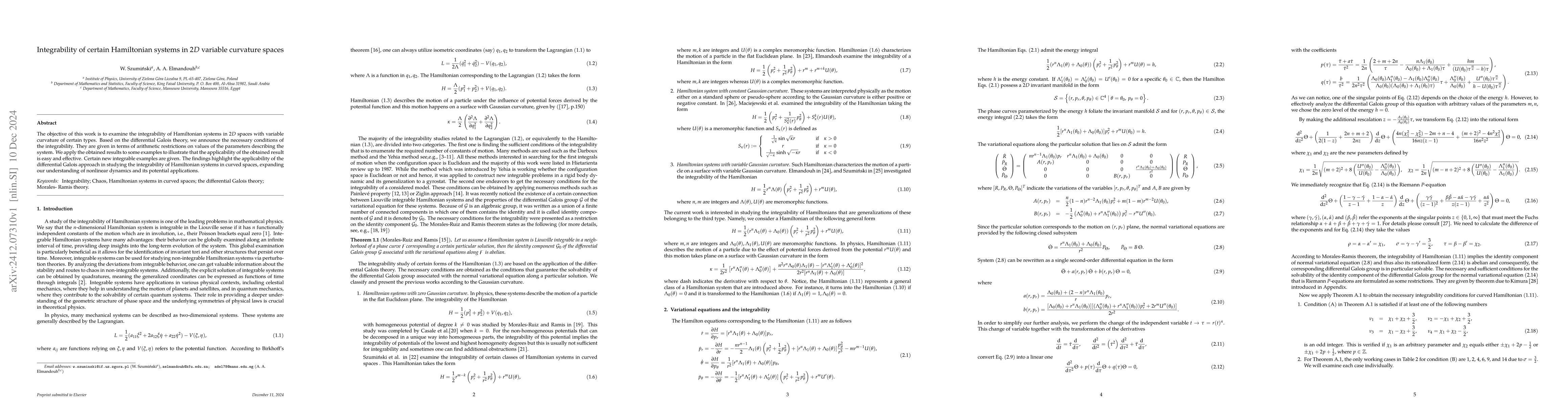 Thumbnail for Integrability of certain Hamiltonian systems in $2D$ variable curvature
  spaces