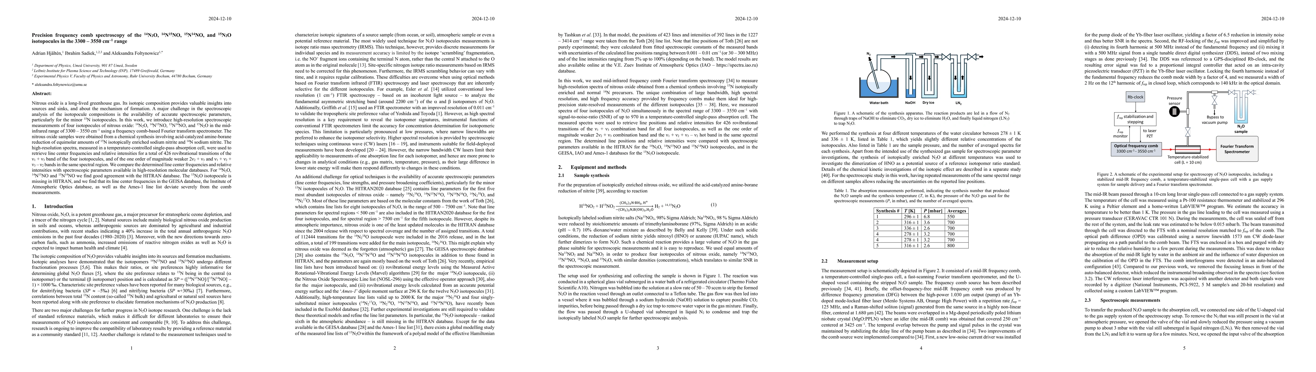Thumbnail for Precision frequency comb spectroscopy of the $^{14}$N$_{2}$O,
  $^{14}$N$^{15}$NO, $^{15}$N$^{14}$NO, and $^{15}$N$_{2}$O isotopocules in the
  3300-3550 cm$^{-1}$ range