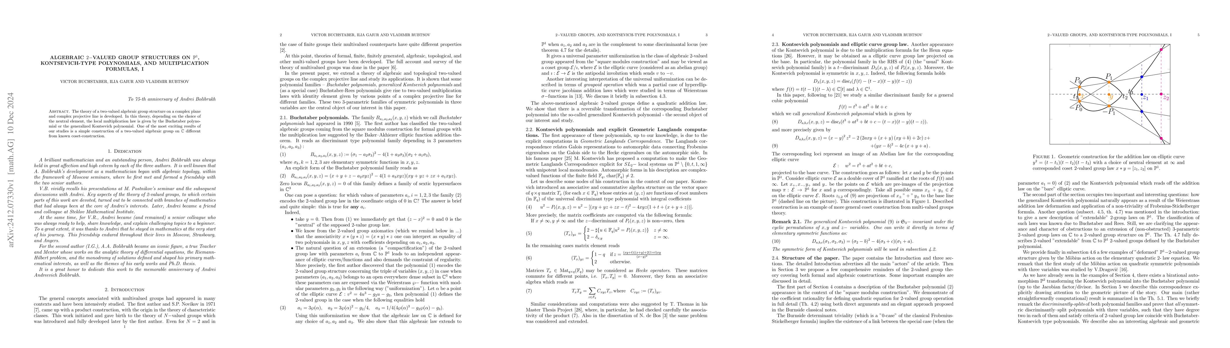 Thumbnail for Algebraic $2-$valued group structures on $\mathbb P^1$, Kontsevich-type
  polynomials, and multiplication formulas, I