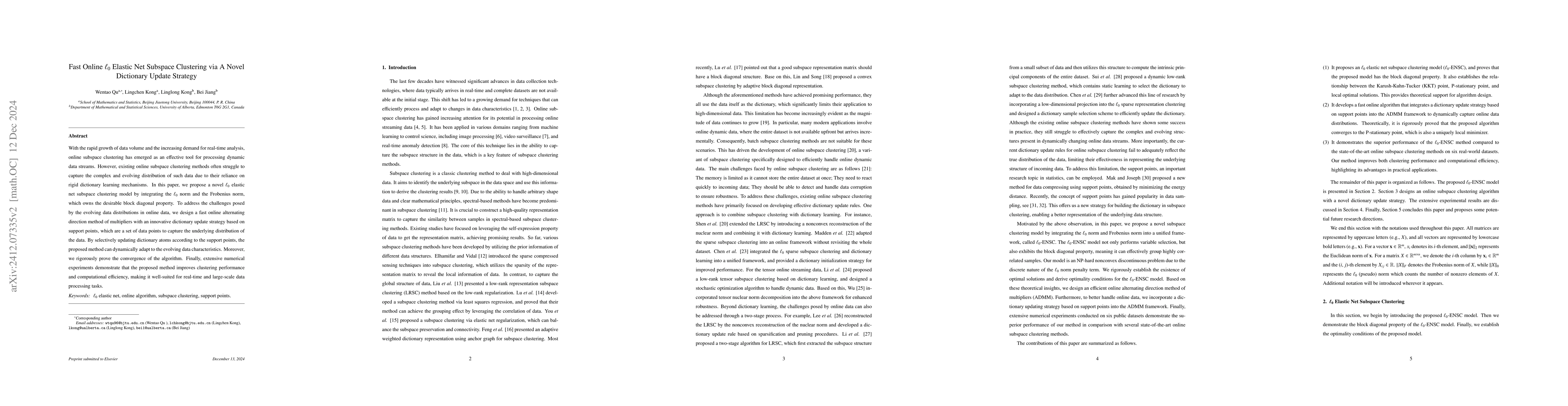 Thumbnail for Fast Online $L_0$ Elastic Net Subspace Clustering via A Novel Dictionary
  Update Strategy