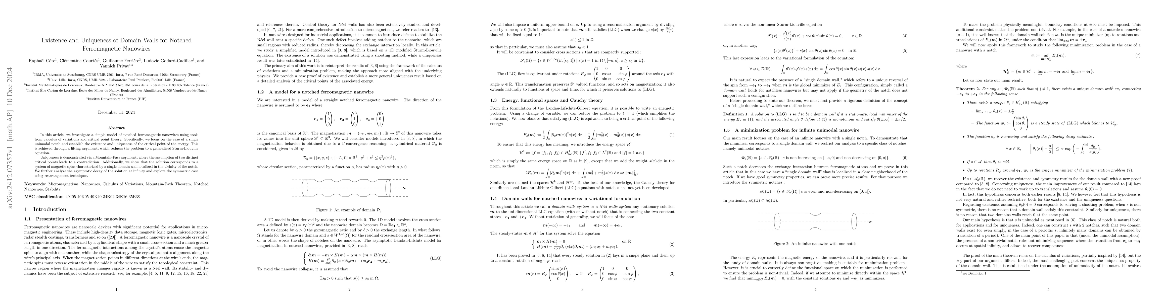 Thumbnail for Existence and Uniqueness of Domain Walls for Notched Ferromagnetic
  Nanowires