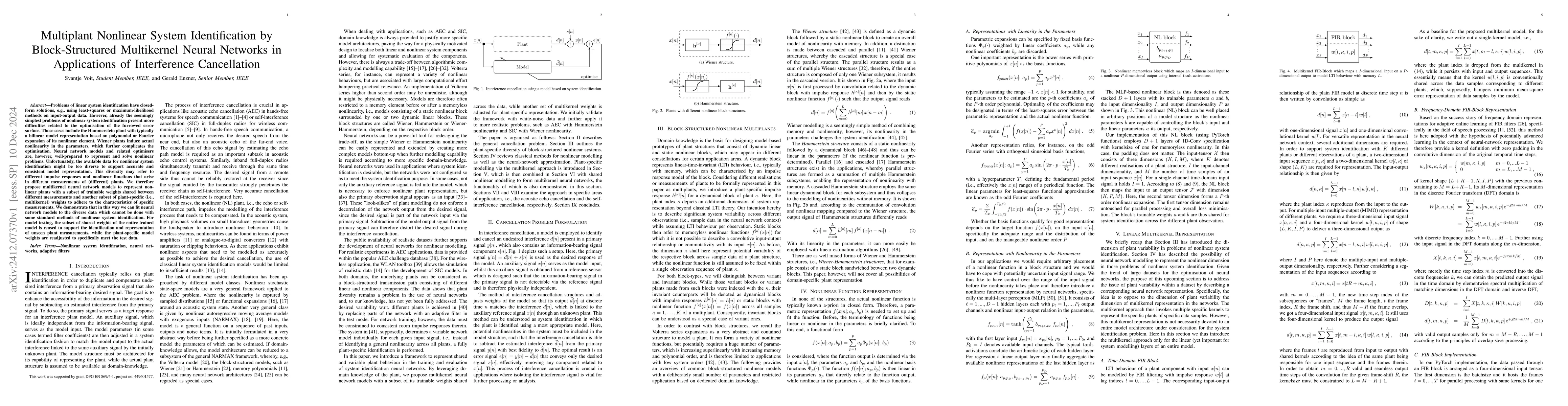 Thumbnail for Multiplant Nonlinear System Identification by Block-Structured
  Multikernel Neural Networks in Applications of Interference Cancellation