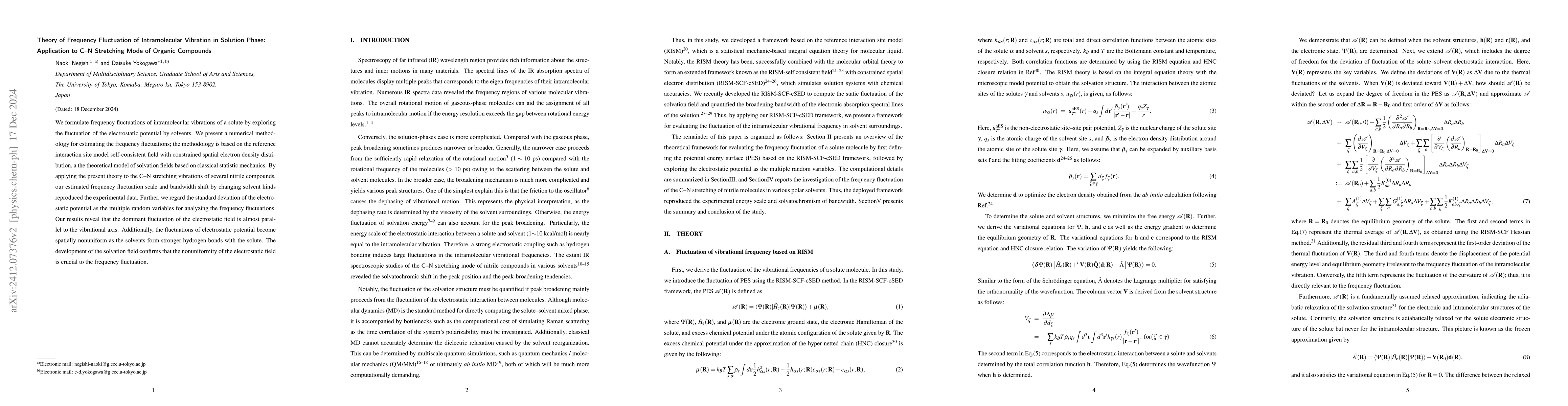 Thumbnail for Theory of Frequency Fluctuation of Intramolecular Vibration in Solution
  Phase: Application to C--N Stretching Mode of Organic Compounds