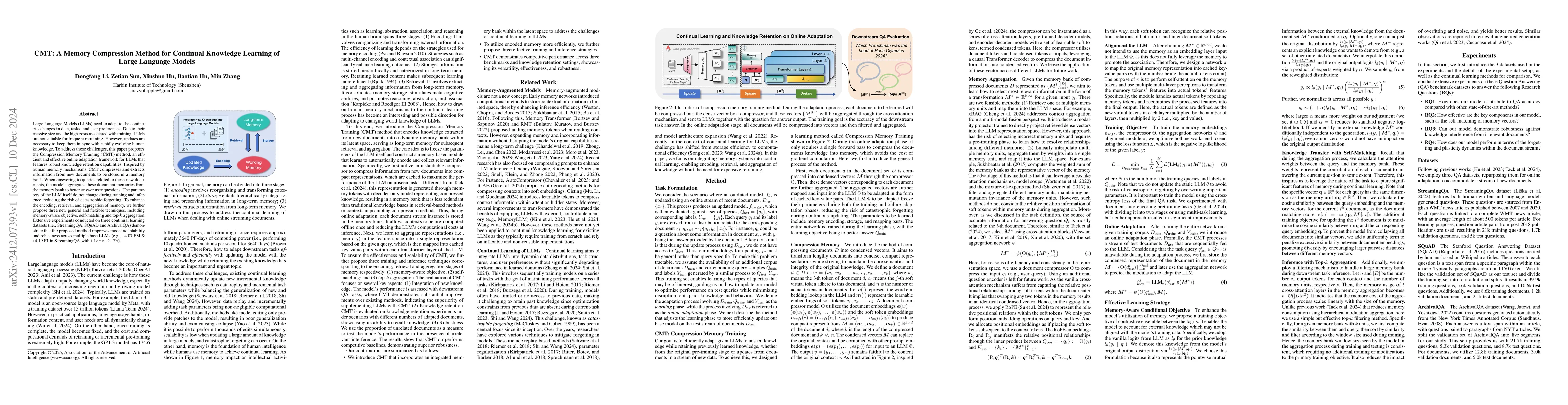 Thumbnail for CMT: A Memory Compression Method for Continual Knowledge Learning of
  Large Language Models