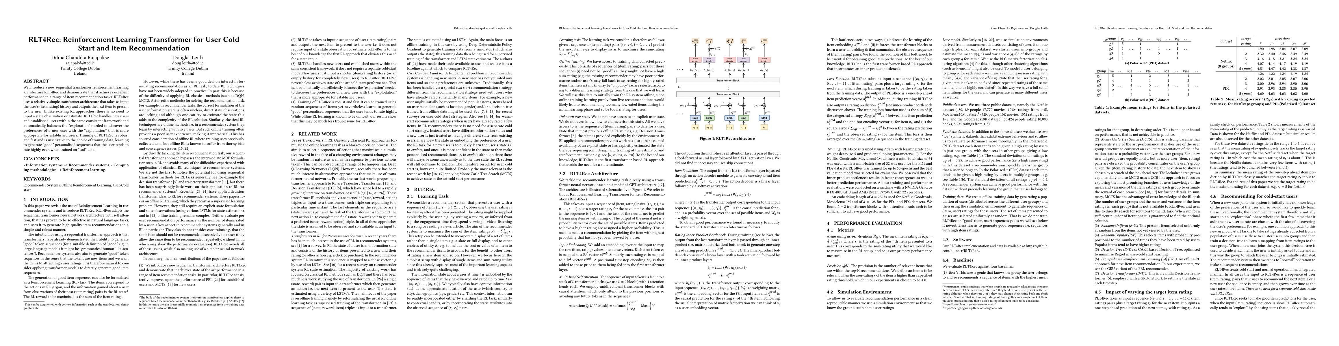 Thumbnail for RLT4Rec: Reinforcement Learning Transformer for User Cold Start and Item
  Recommendation