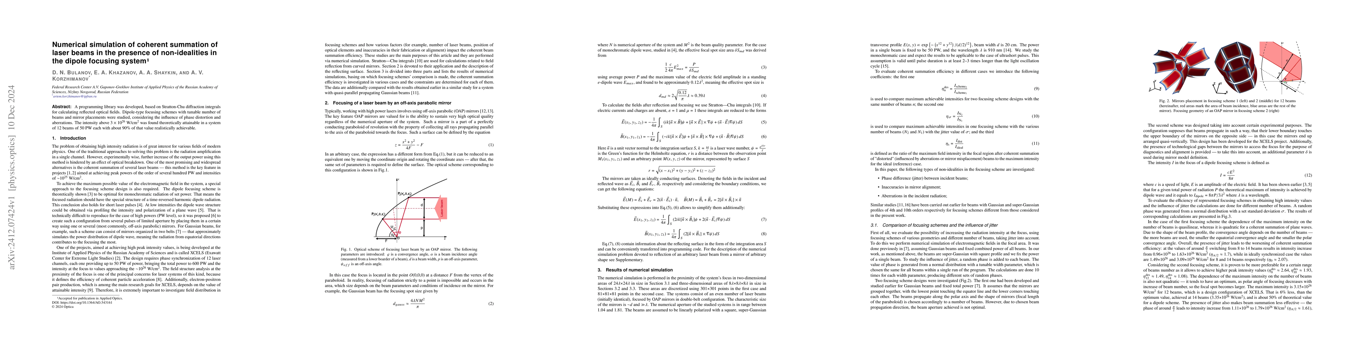Thumbnail for Numerical simulation of coherent summation of laser beams in the
  presence of non-idealities in the dipole focusing system
