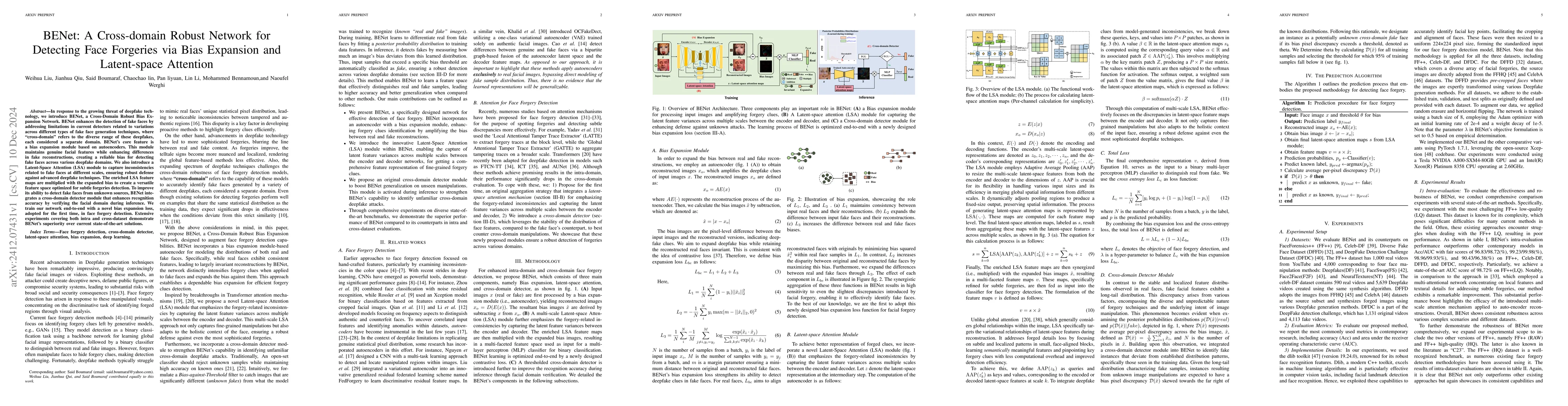 Thumbnail for BENet: A Cross-domain Robust Network for Detecting Face Forgeries via
  Bias Expansion and Latent-space Attention