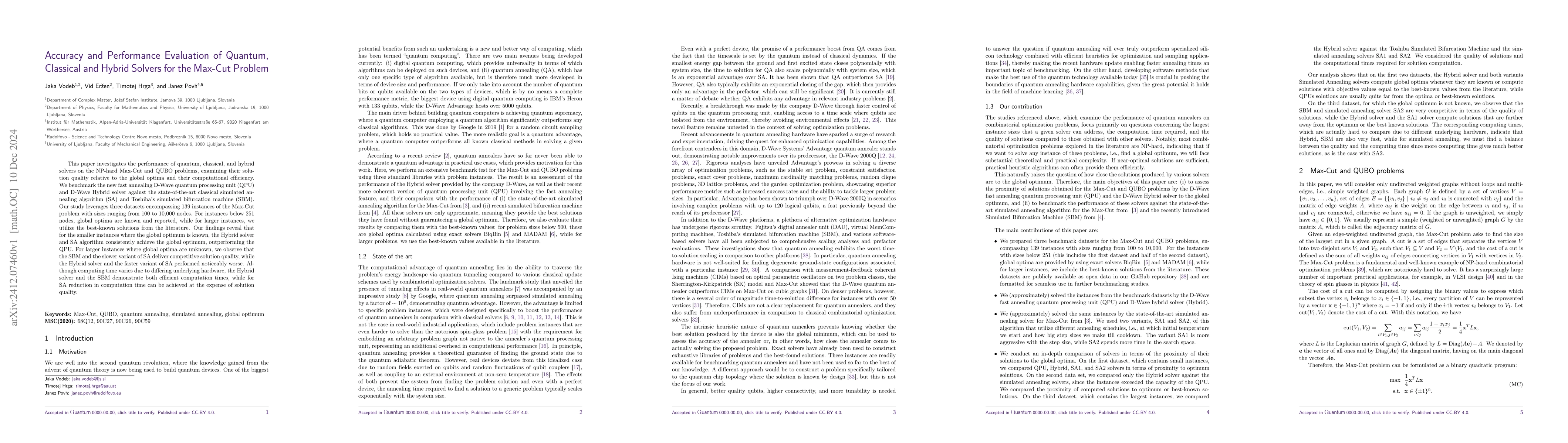 Thumbnail for Accuracy and Performance Evaluation of Quantum, Classical and Hybrid
  Solvers for the Max-Cut Problem