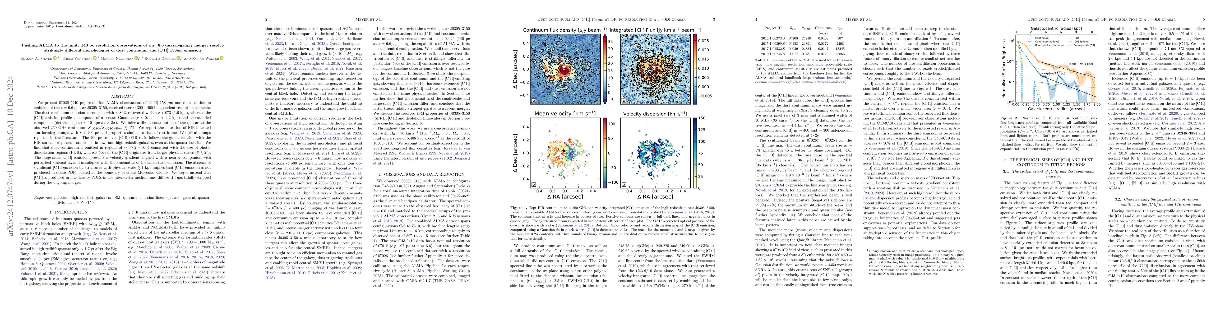 Thumbnail for Pushing ALMA to the limit: 140 pc resolution observations of a z=6.6
  quasar-galaxy merger resolve strikingly different morphologies of dust
  continuum and [CII] 158 um emission
