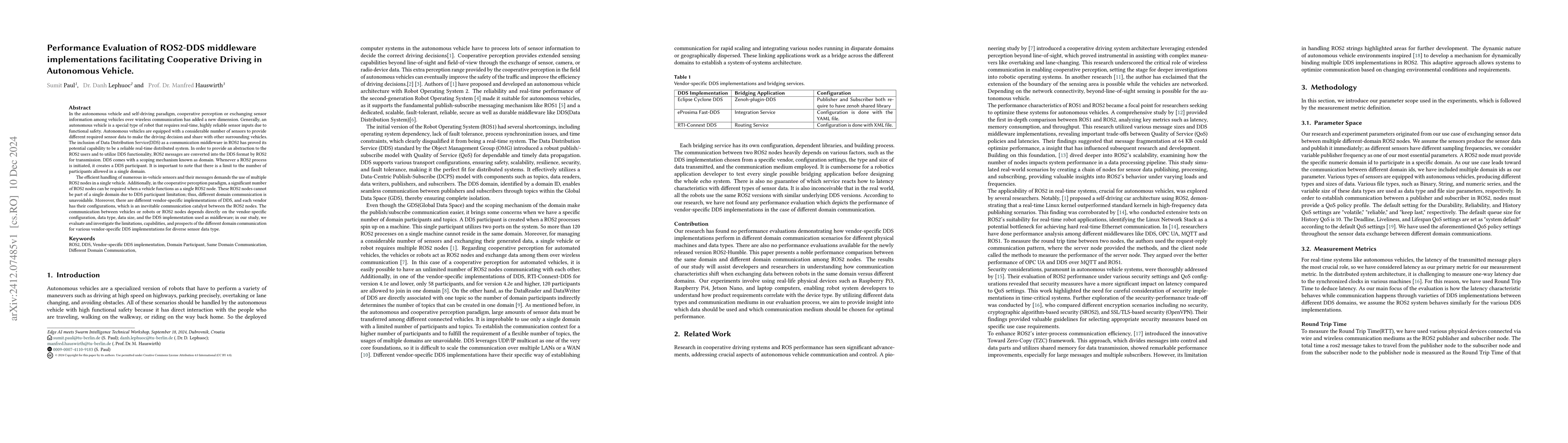 Thumbnail for Performance Evaluation of ROS2-DDS middleware implementations
  facilitating Cooperative Driving in Autonomous Vehicle