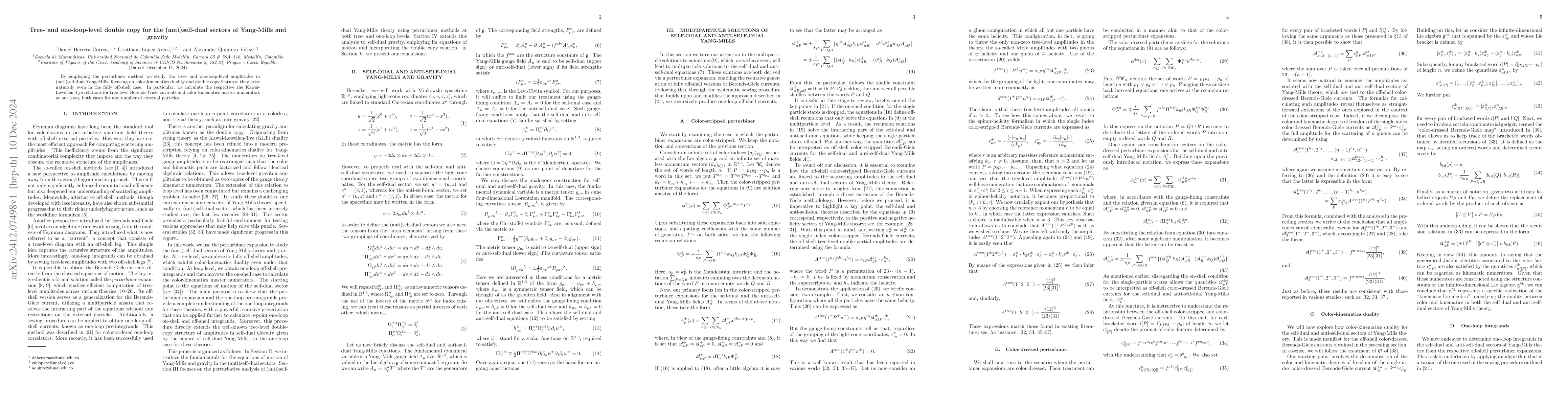 Thumbnail for Tree- and one-loop-level double copy for the (anti)self-dual sectors of
  Yang-Mills and gravity