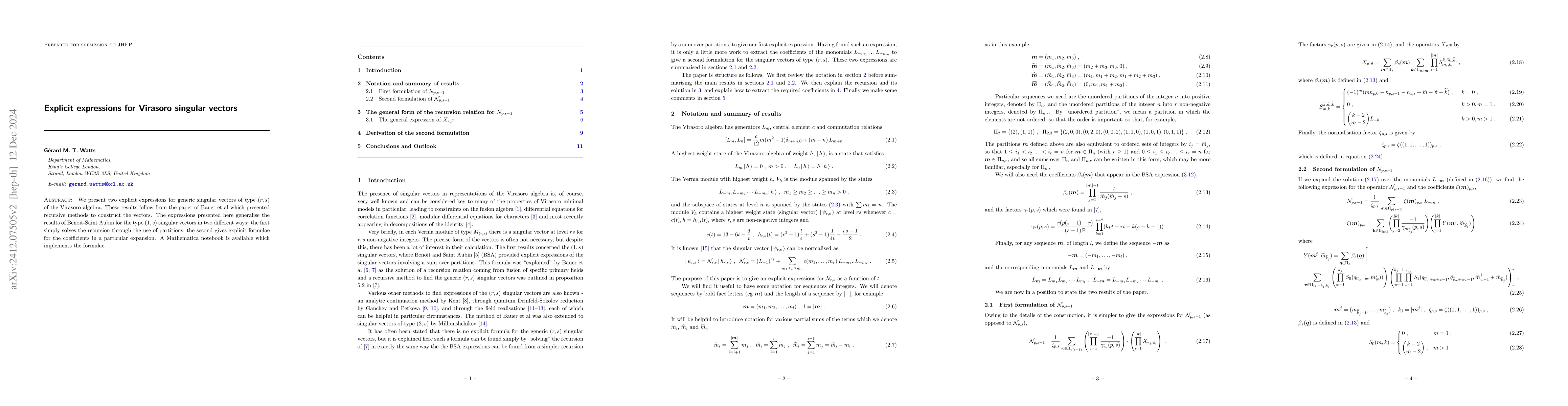 Thumbnail for Explicit expressions for Virasoro singular vectors