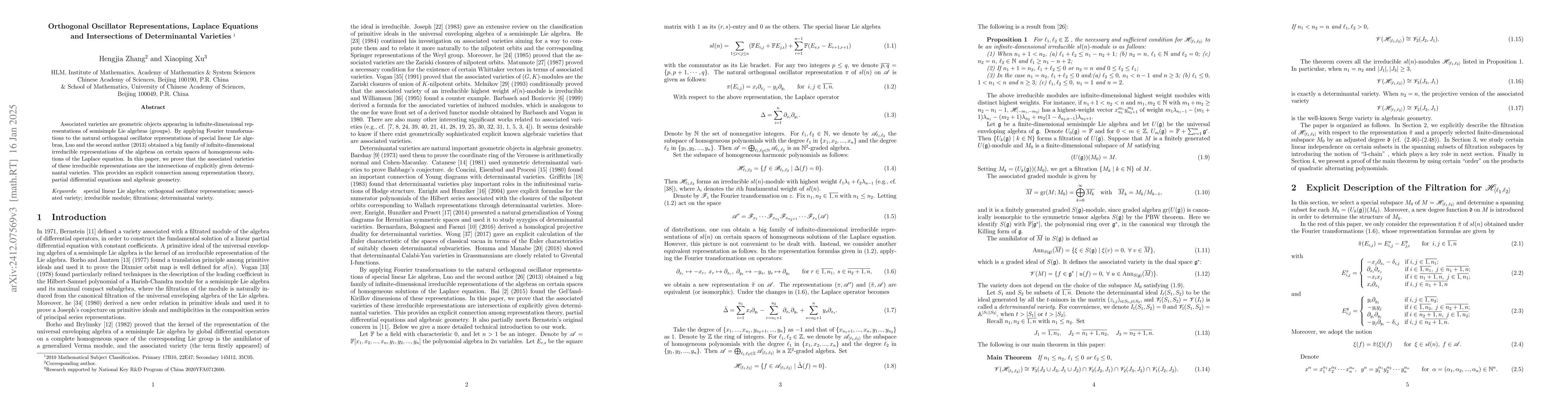 Thumbnail for Orthogonal Oscillator Representations, Laplace Equations and
  Intersections of Determinantal Varieties