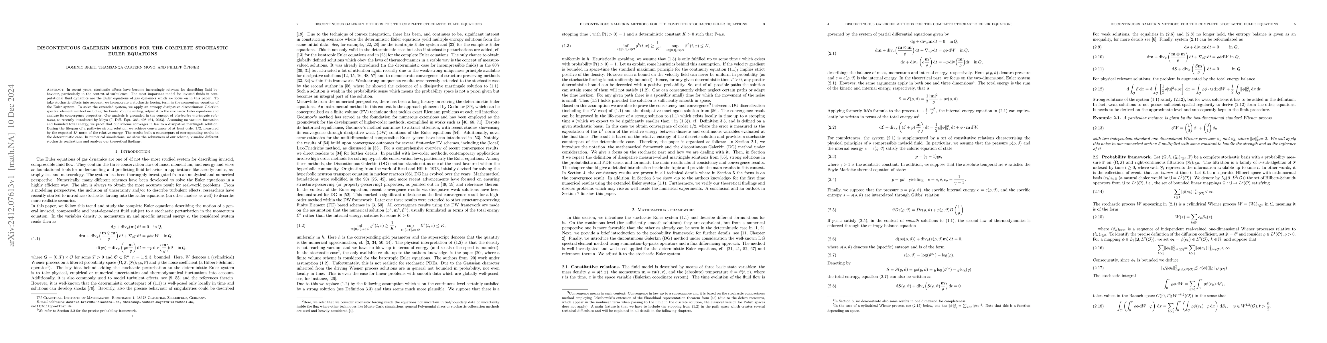 Thumbnail for Discontinuous Galerkin methods for the complete stochastic Euler
  equations