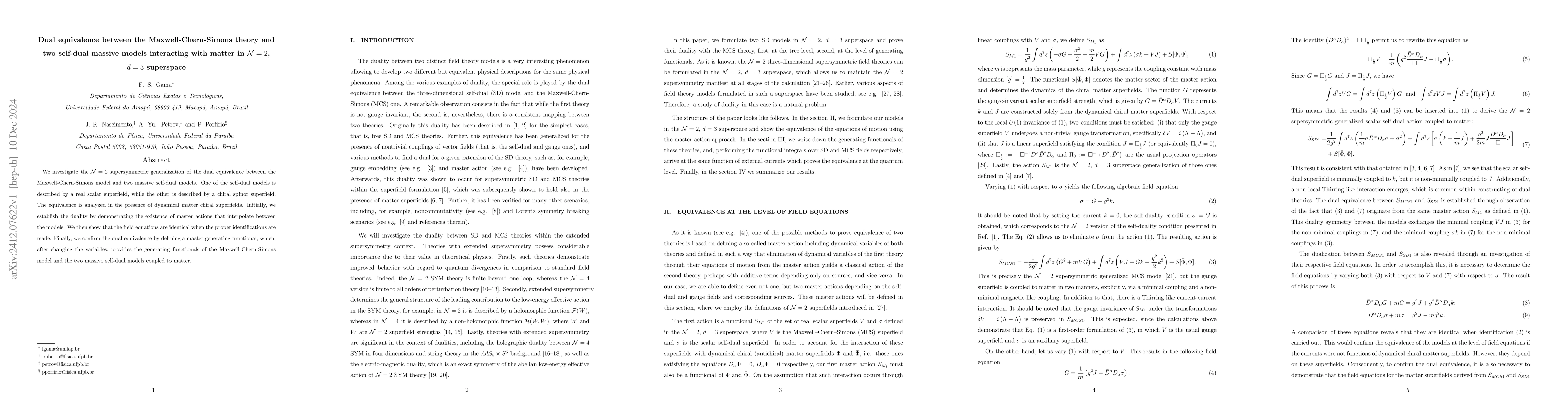 Thumbnail for Dual equivalence between the Maxwell-Chern-Simons theory and two
  self-dual massive models interacting with matter in $\mathcal{N}=2$, $d=3$
  superspace