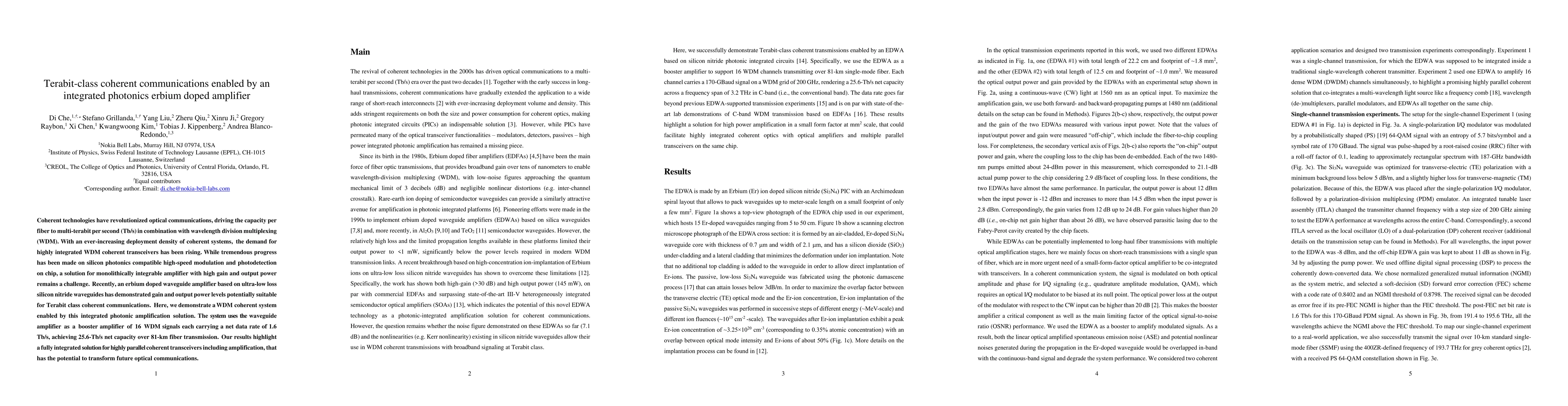 Thumbnail for Terabit-class coherent communications enabled by an integrated photonics
  erbium doped amplifier