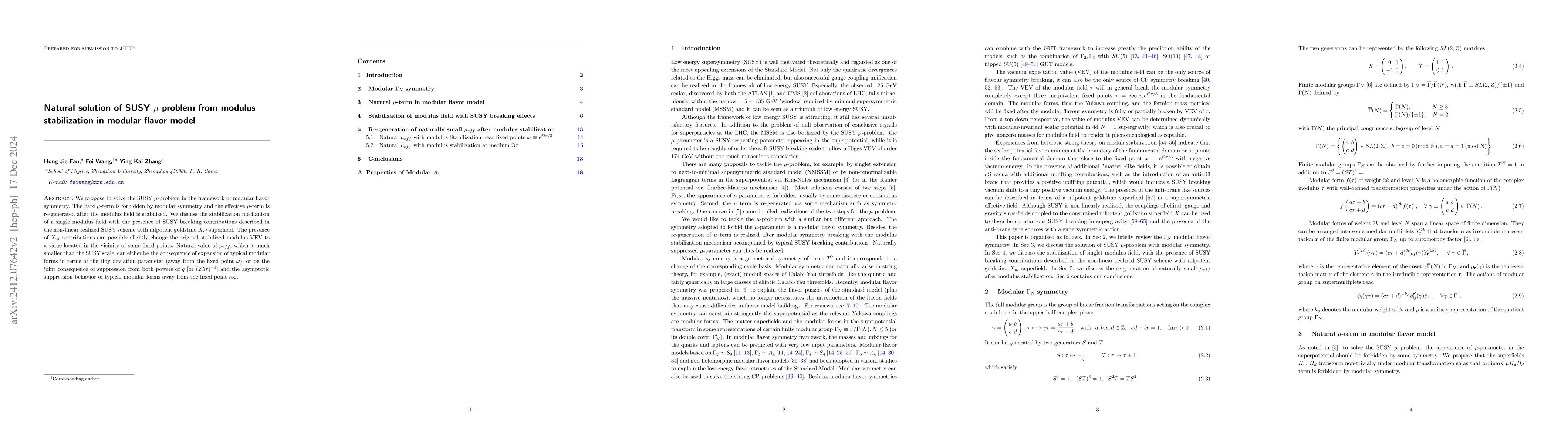 Thumbnail for Natural solution of SUSY $μ$ problem from modulus stabilization in
  modular flavor model
