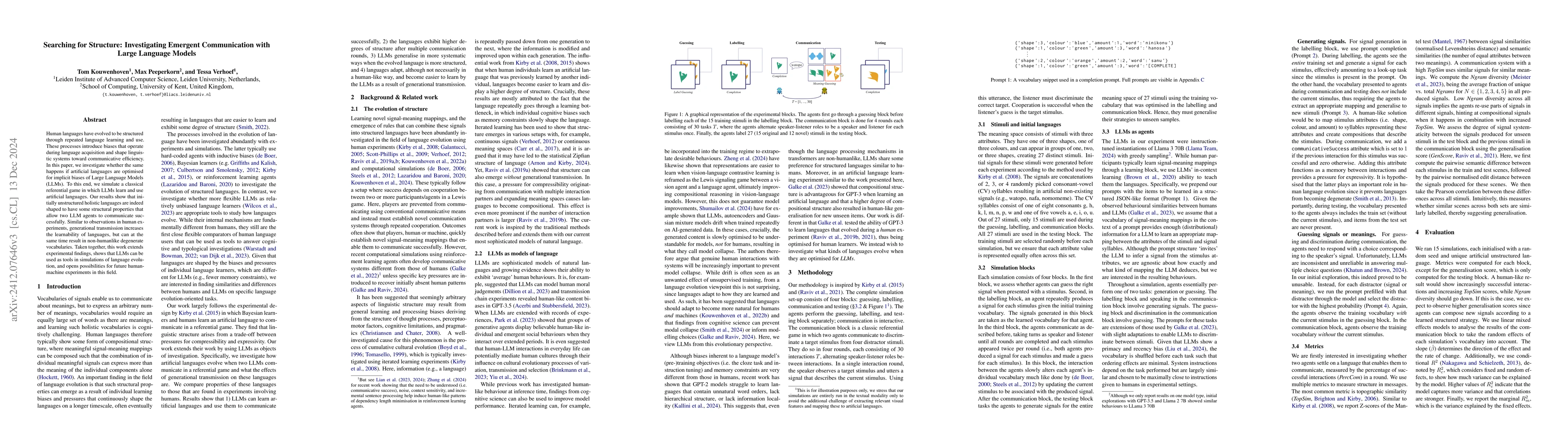 Thumbnail for Searching for Structure: Investigating Emergent Communication with Large
  Language Models