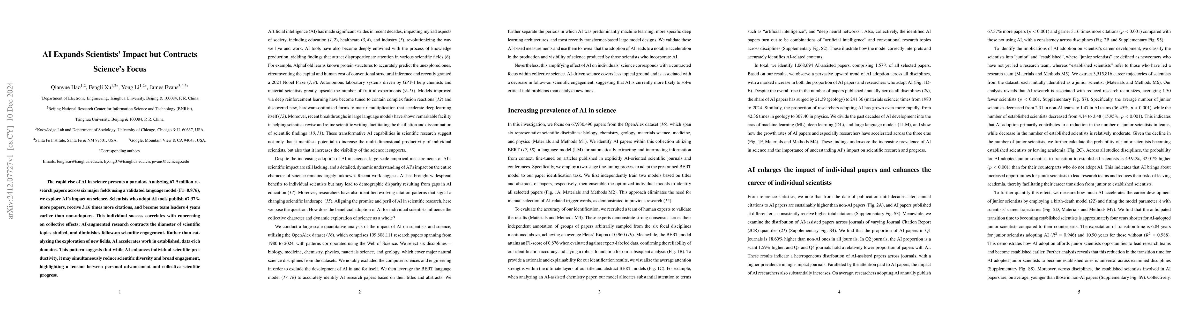 Thumbnail for AI Expands Scientists' Impact but Contracts Science's Focus