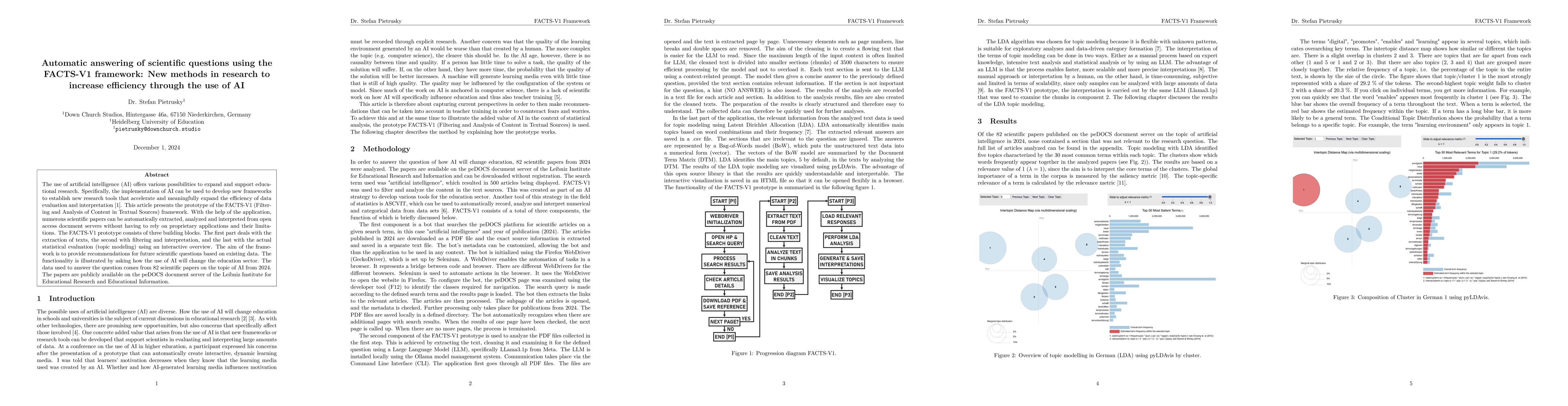 Thumbnail for Automatic answering of scientific questions using the FACTS-V1
  framework: New methods in research to increase efficiency through the use of
  AI