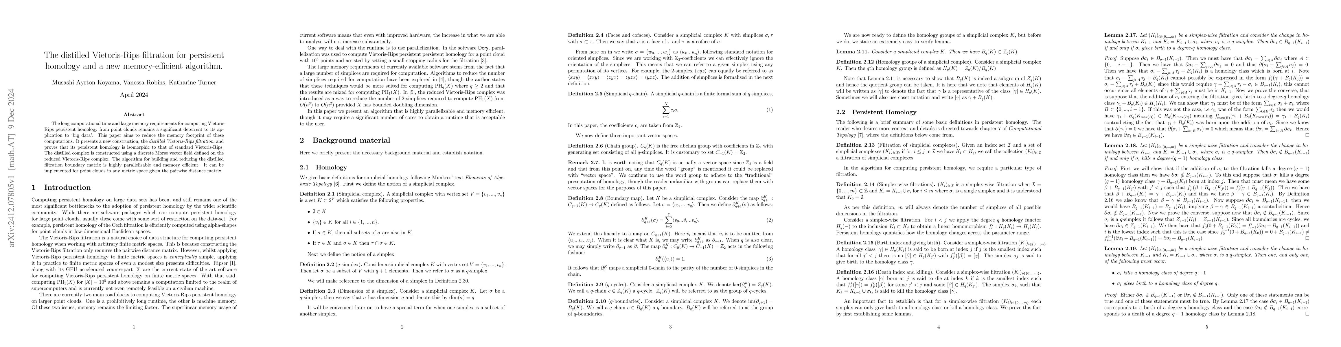 Thumbnail for The distilled Vietoris Rips filtration for persistent homology and a new
  memory efficient algorithm