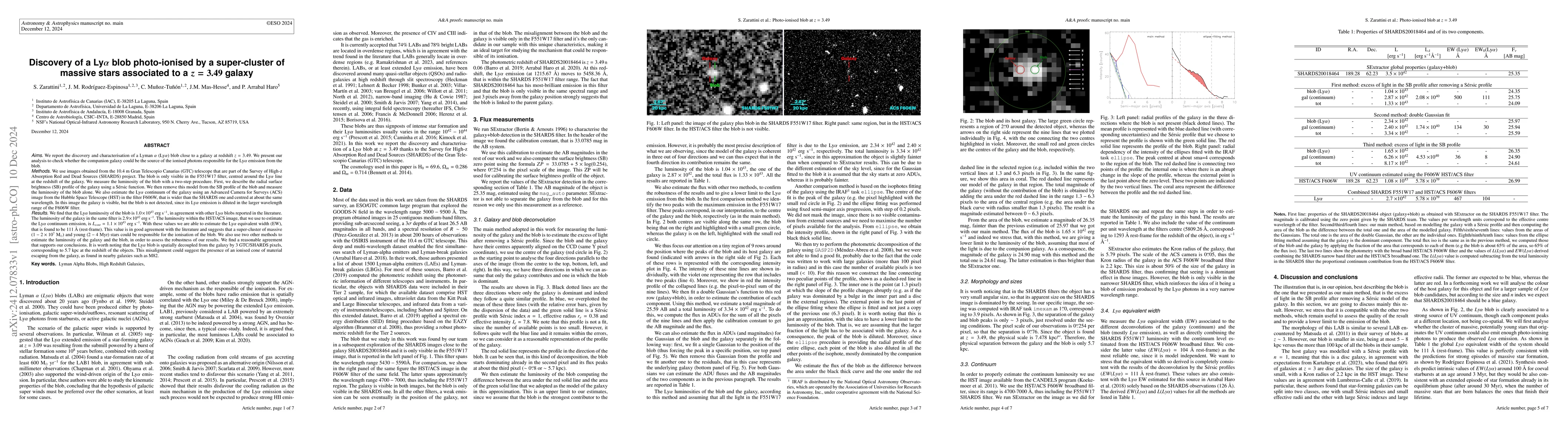 Thumbnail for Discovery of a Lyα blob photo-ionised by a super-cluster of
  massive stars associated to a z = 3.49 galaxy