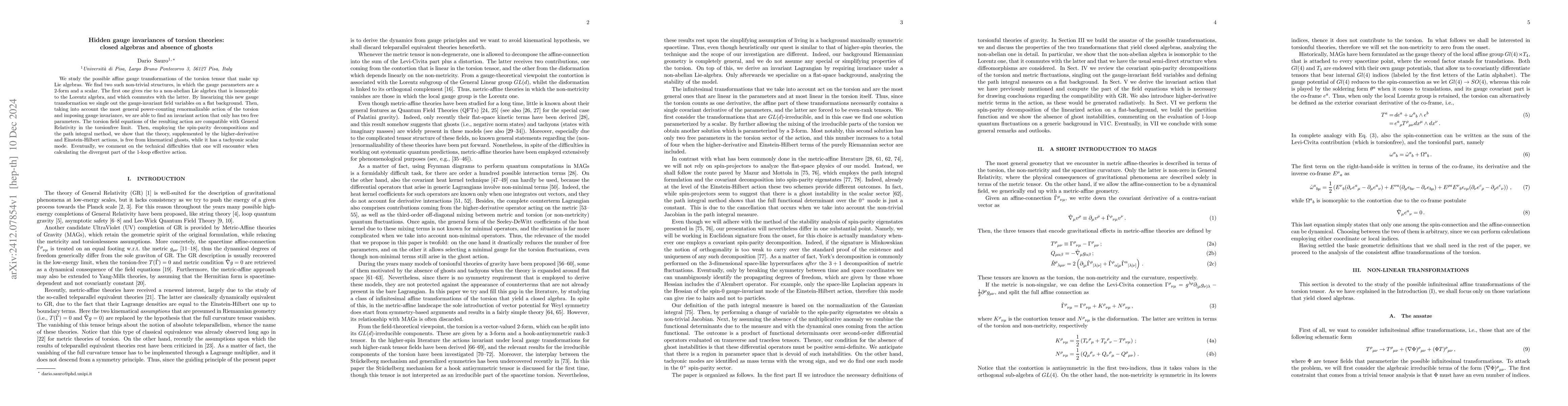Thumbnail for Hidden gauge invariances of torsion theories: closed algebras and
  absence of ghosts